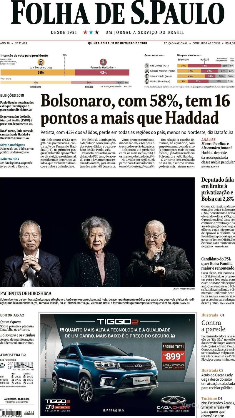 Capa Folha de S.Paulo 2018-10-11
