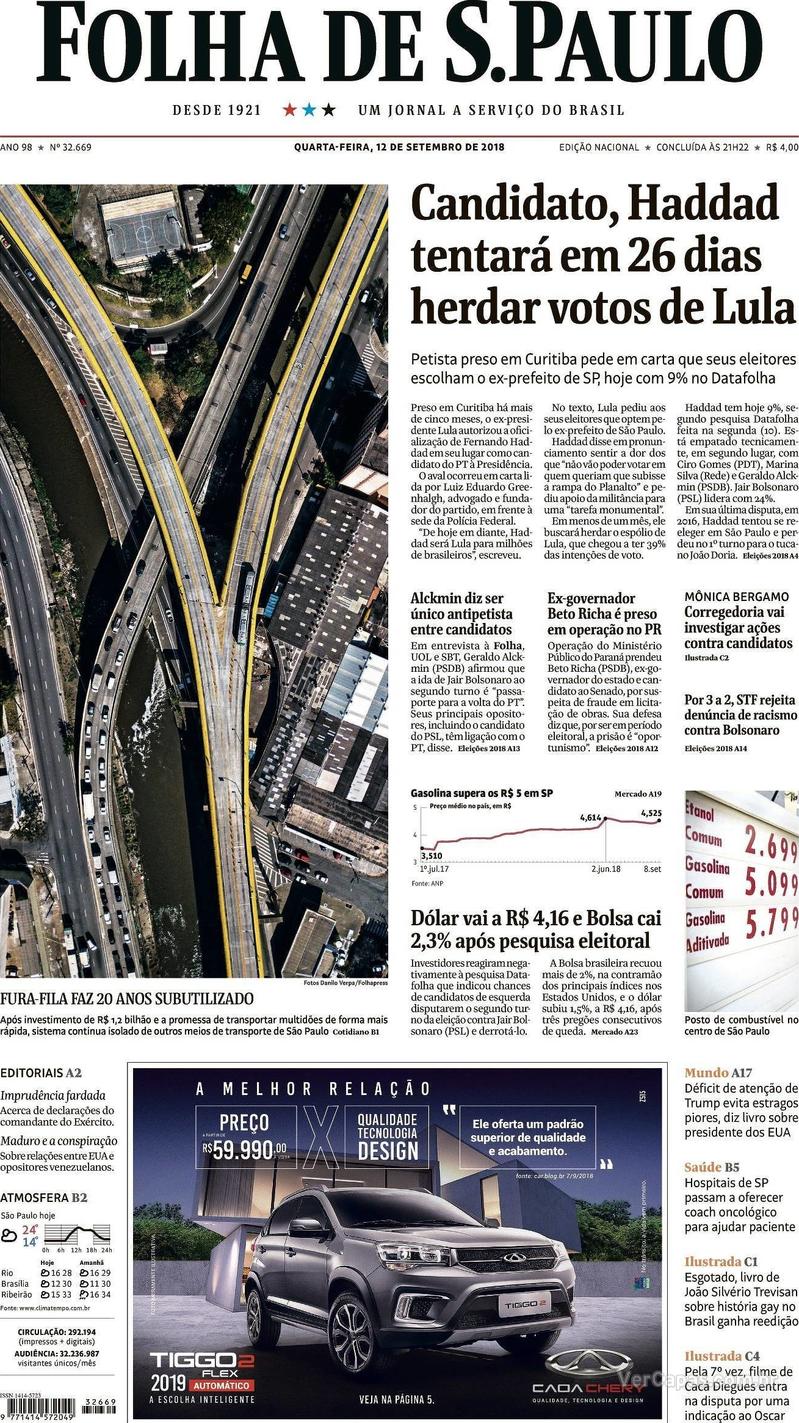 Capa Folha de S.Paulo 2018-09-12