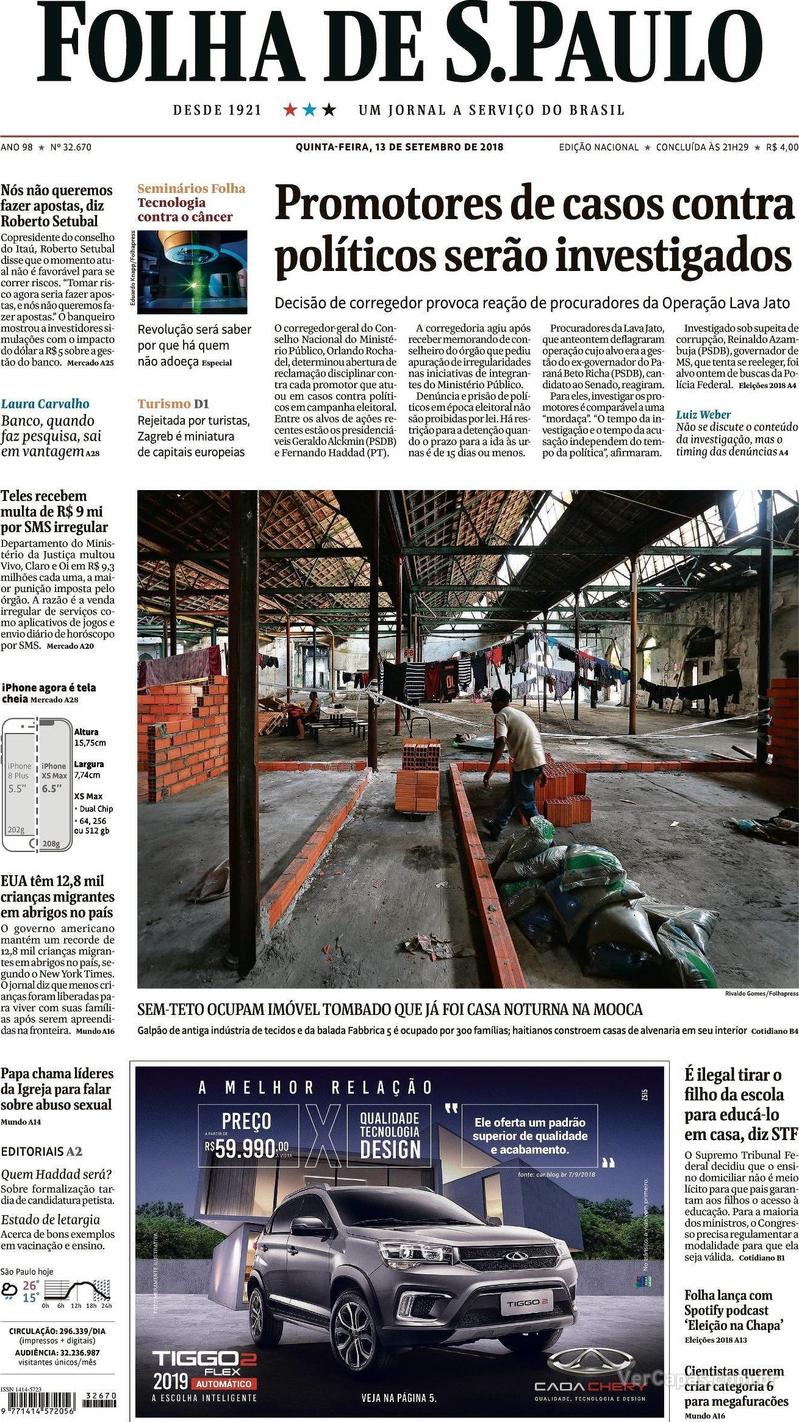 Capa Folha de S.Paulo 2018-09-13