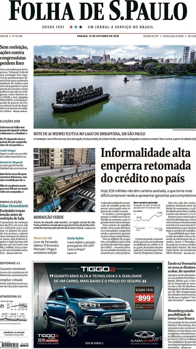 Capa Folha de S.Paulo 2018-10-13