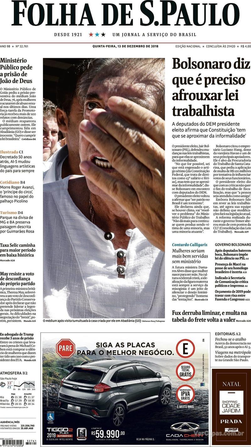 Capa Folha de S.Paulo 2018-12-13