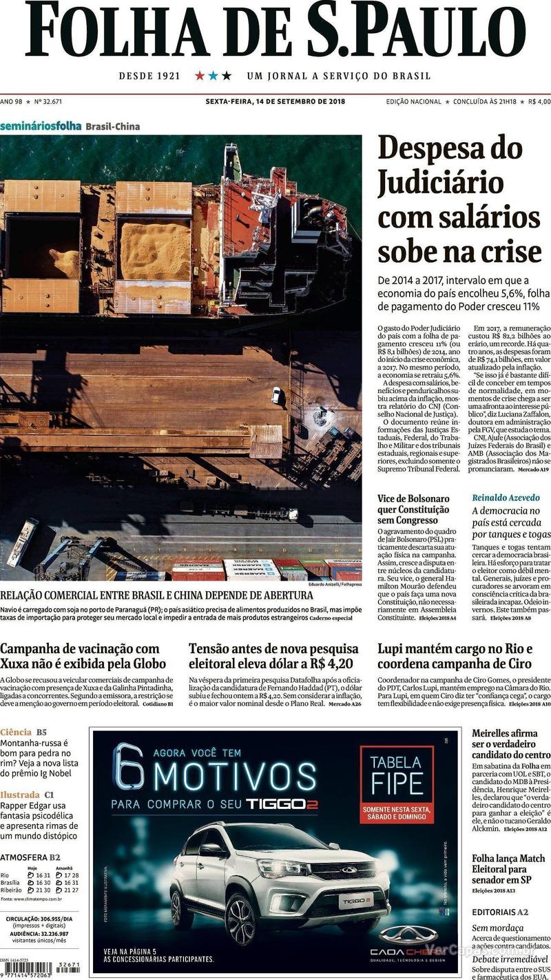 Capa Folha de S.Paulo 2018-09-14