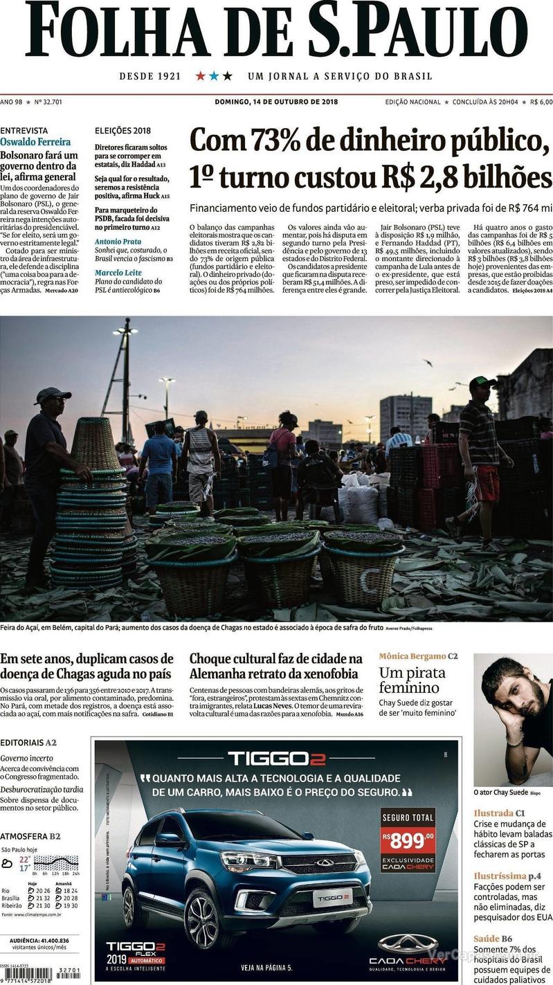 Capa Folha de S.Paulo 2018-10-14