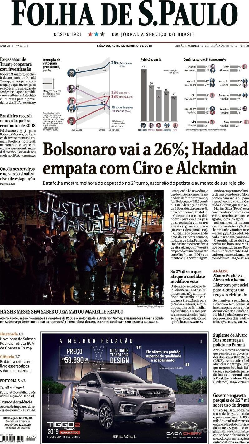 Capa Folha de S.Paulo 2018-09-15