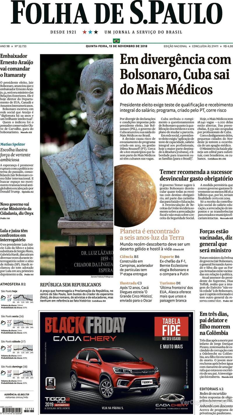 Capa Folha de S.Paulo 2018-11-15