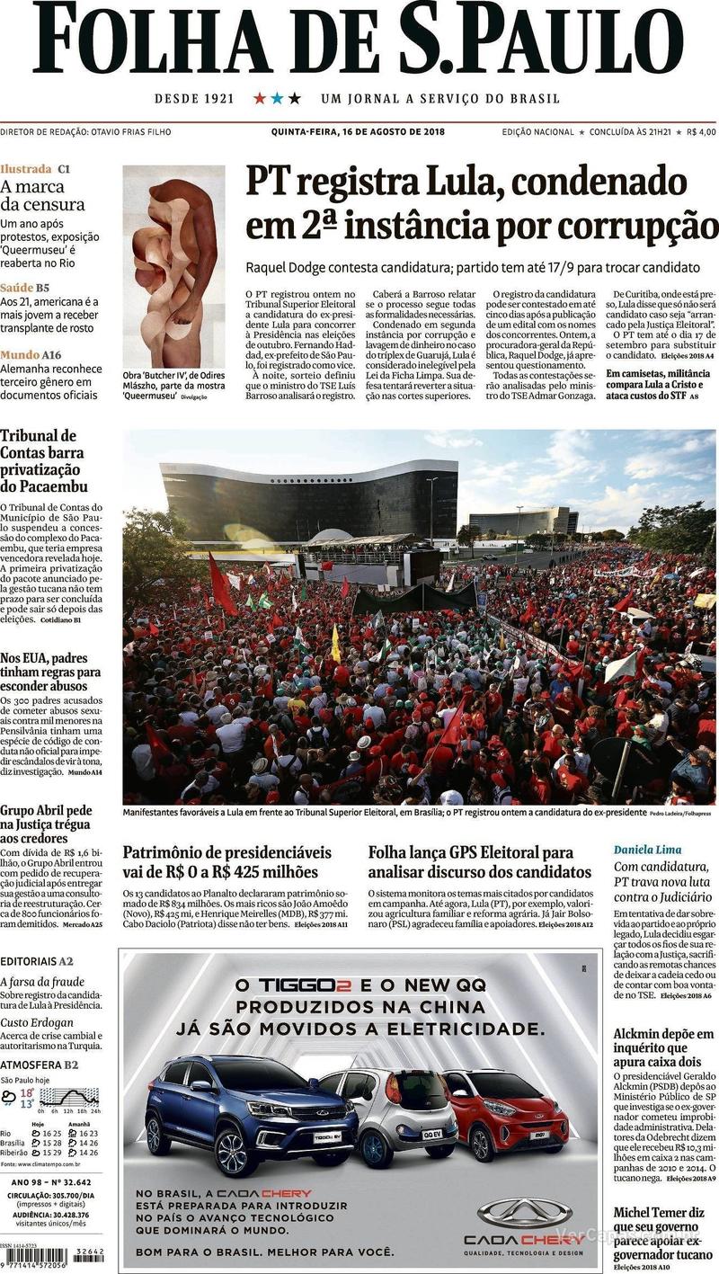 Capa Folha de S.Paulo 2018-08-16
