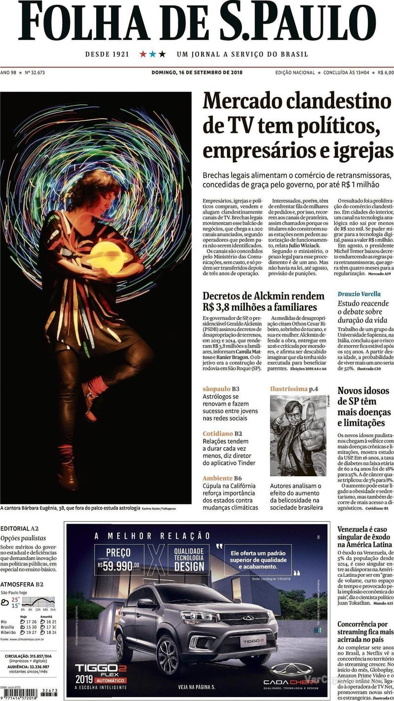 Capa Folha de S.Paulo 2018-09-16
