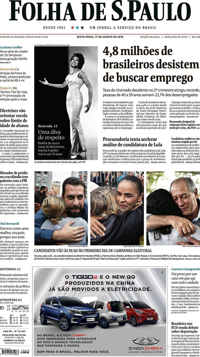 Capa Folha de S.Paulo 2018-08-17