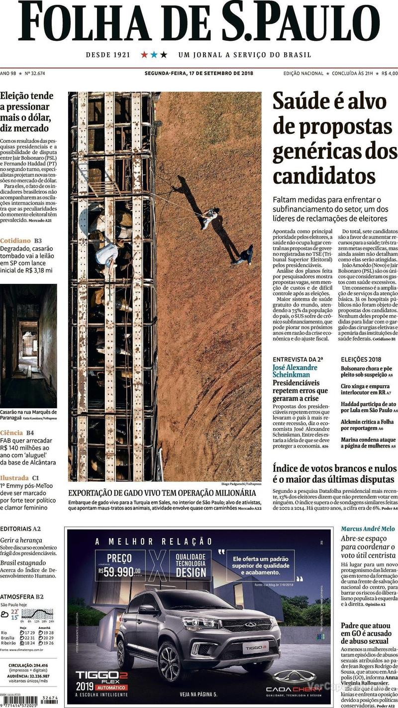 Capa Folha de S.Paulo 2018-09-17