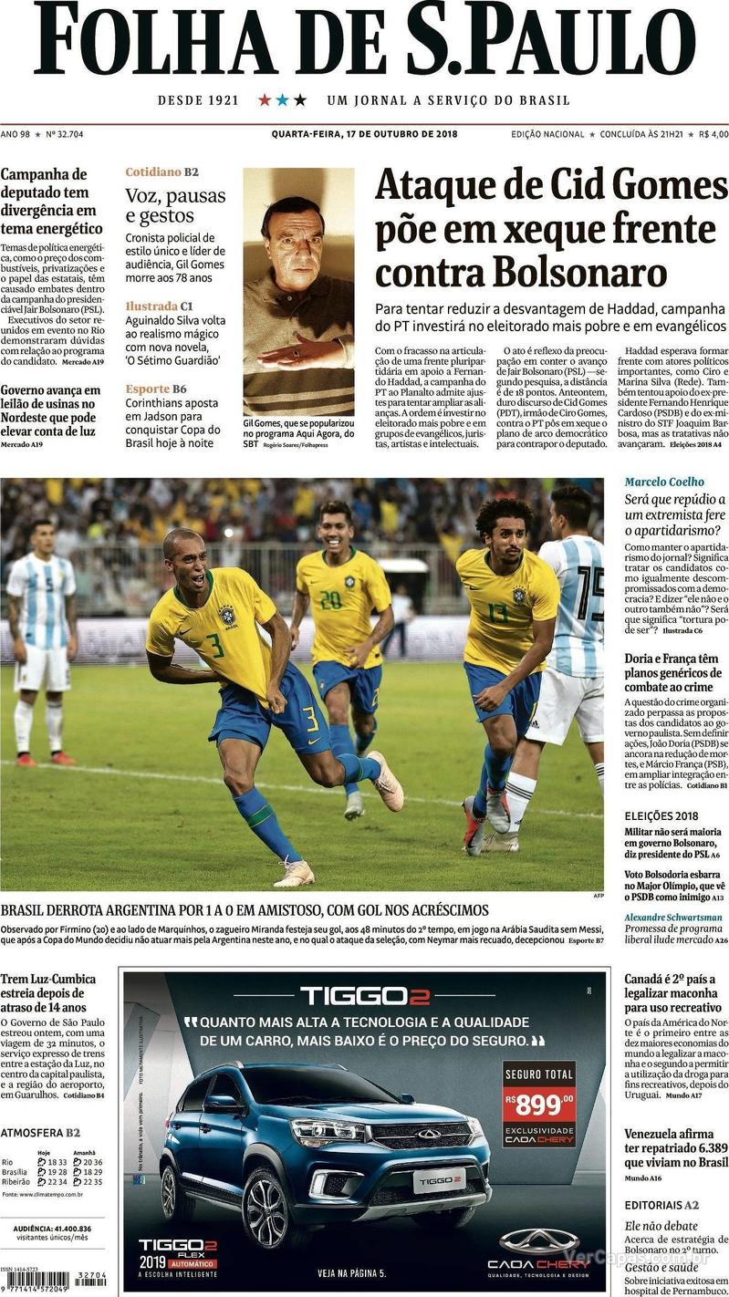 Capa Folha de S.Paulo 2018-10-17