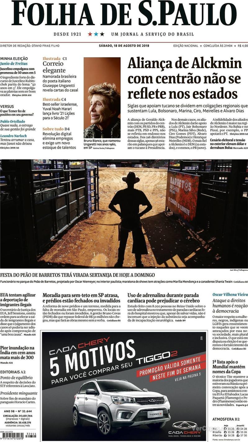 Capa Folha de S.Paulo 2018-08-18