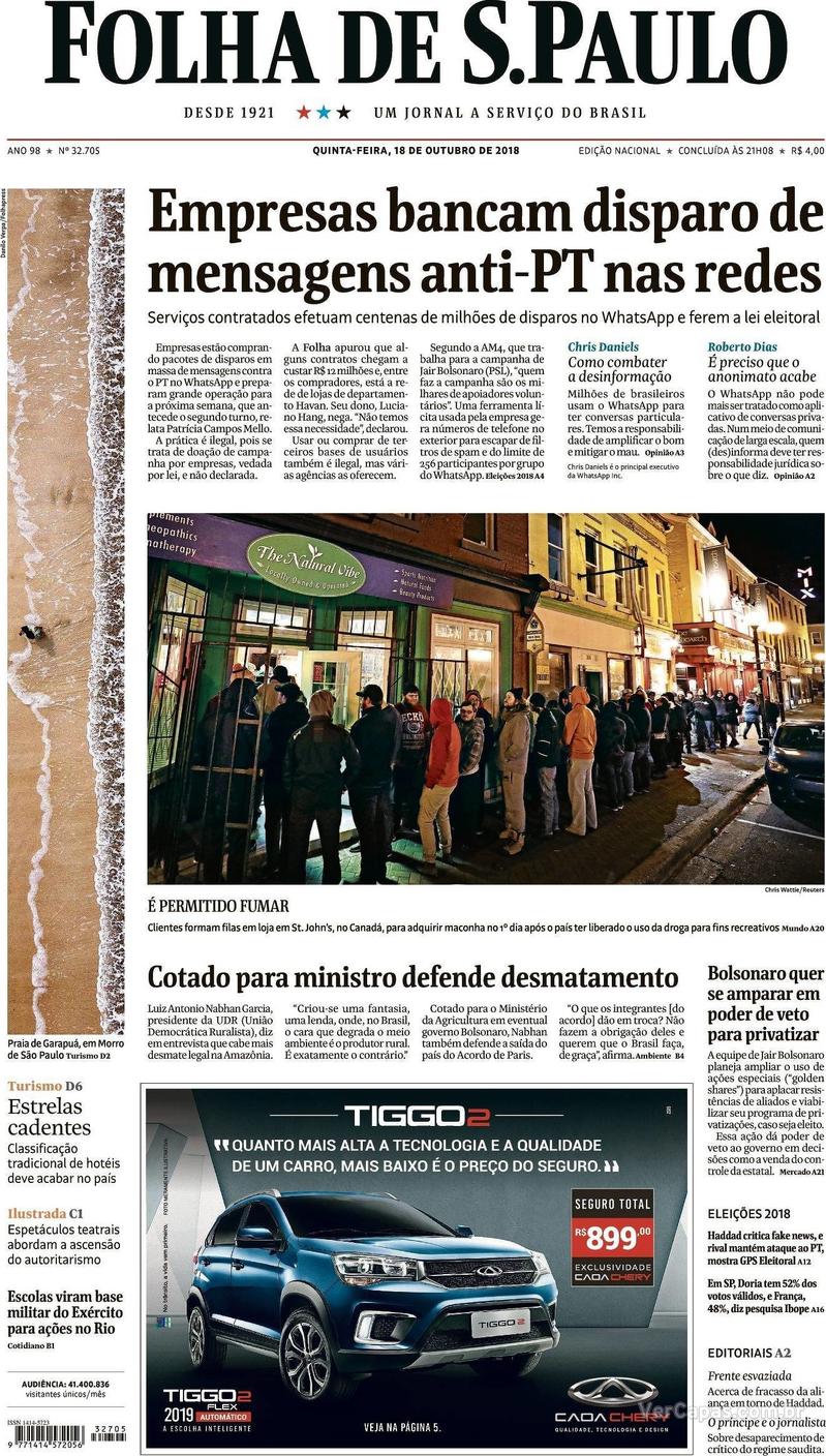 Capa Folha de S.Paulo 2018-10-18