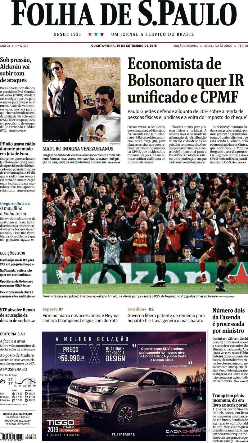 Capa Folha de S.Paulo 2018-09-19
