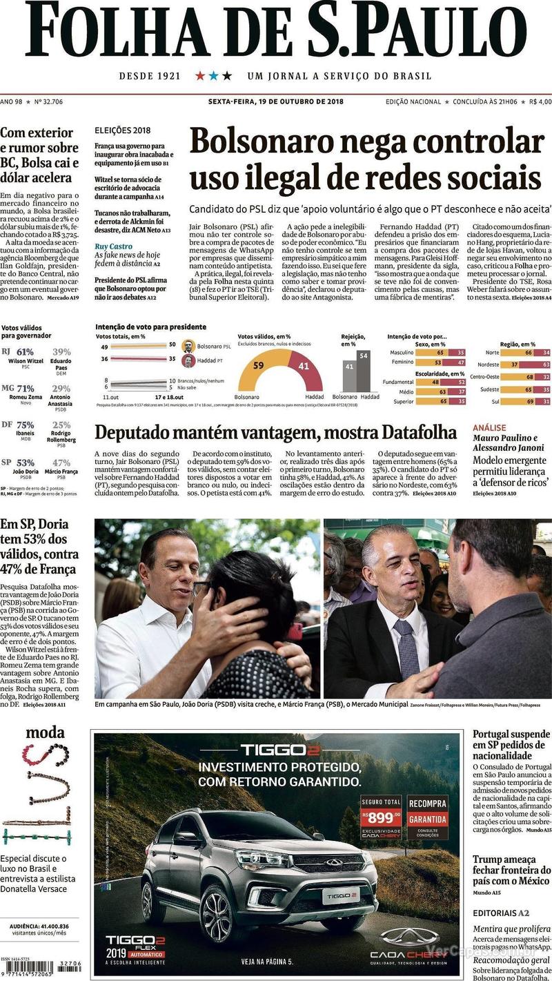 Capa Folha de S.Paulo 2018-10-19