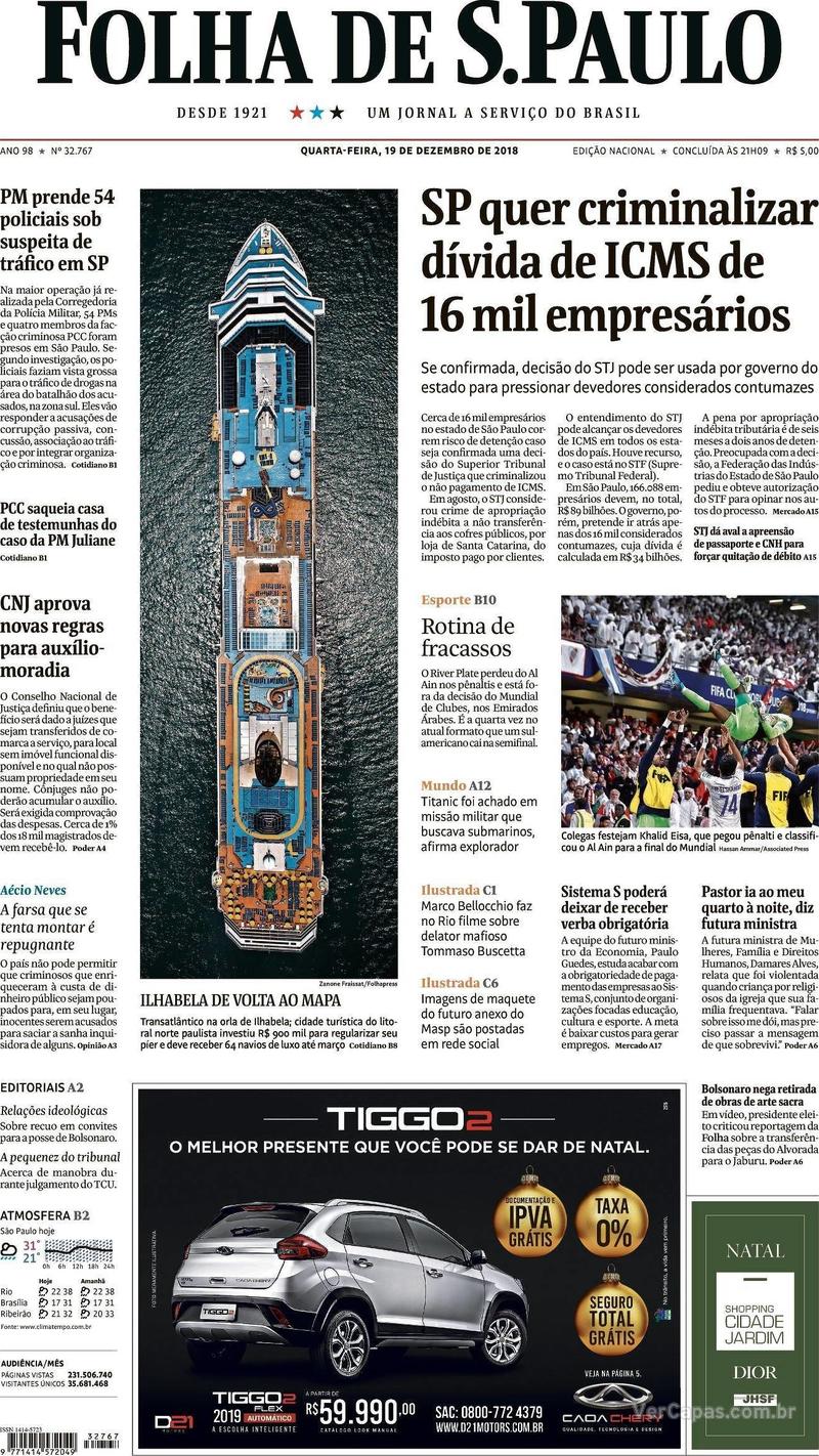 Capa Folha de S.Paulo 2018-12-19