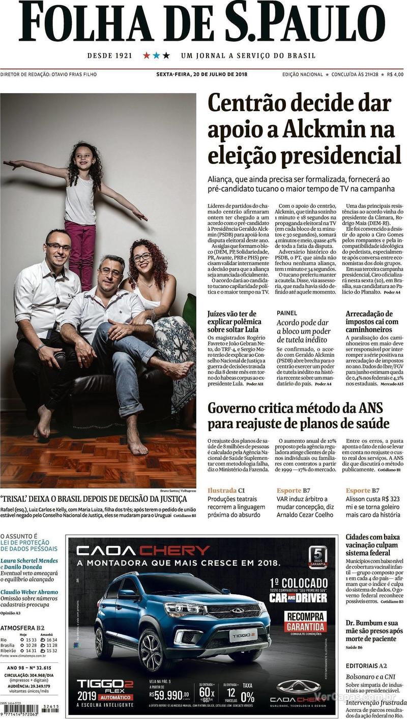Capa Folha de S.Paulo 2018-07-20