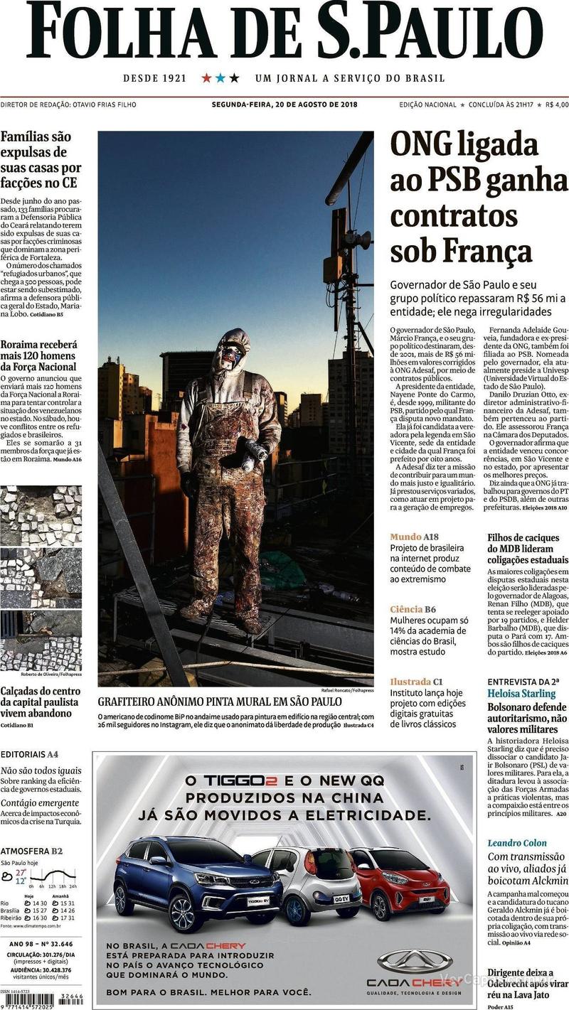Capa Folha de S.Paulo 2018-08-20