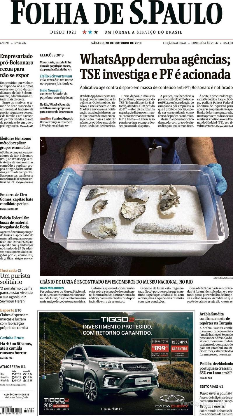 Capa Folha de S.Paulo 2018-10-20