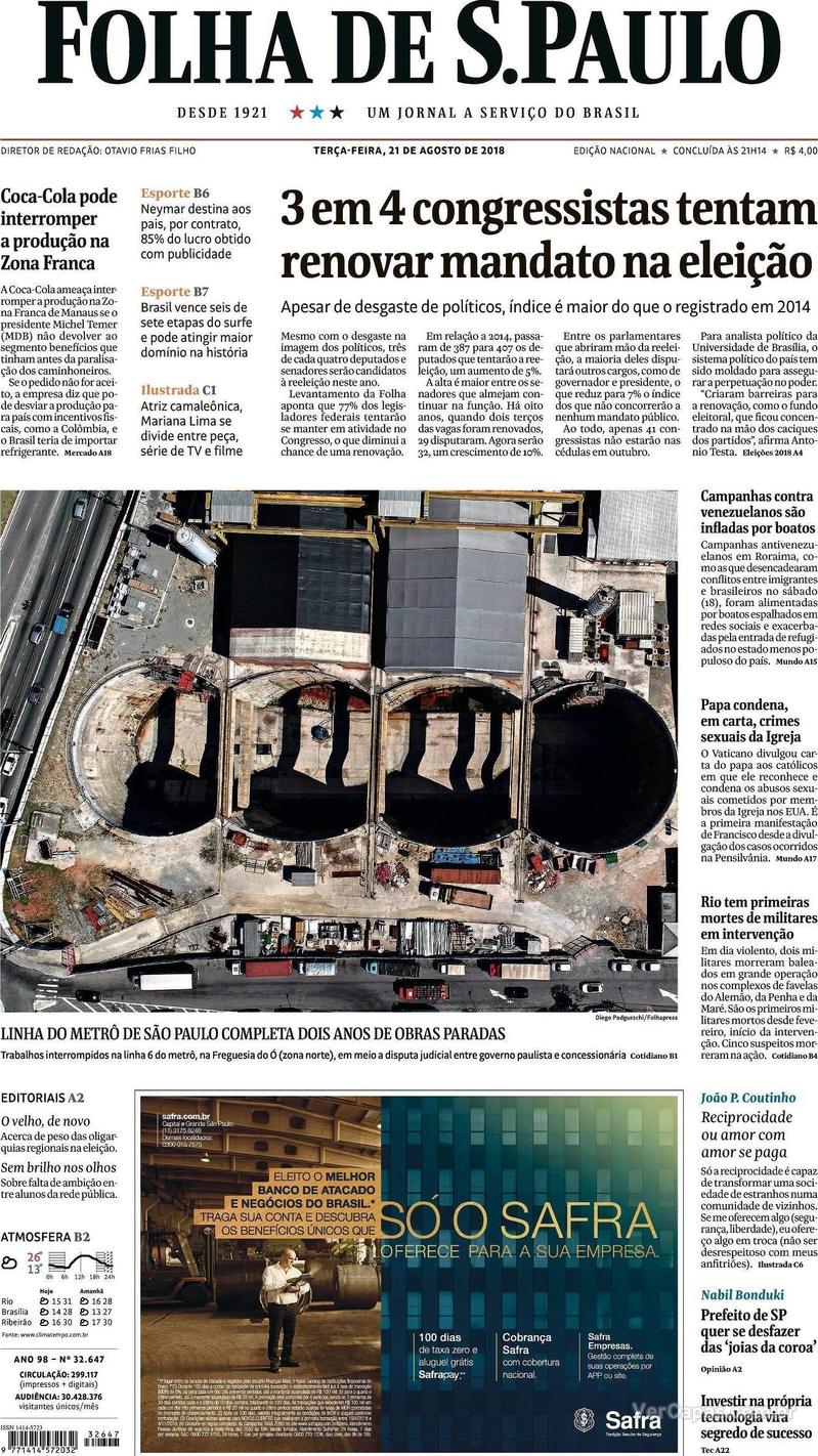 Capa Folha de S.Paulo 2018-08-21