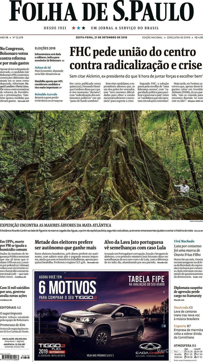 Capa Folha de S.Paulo 2018-09-21