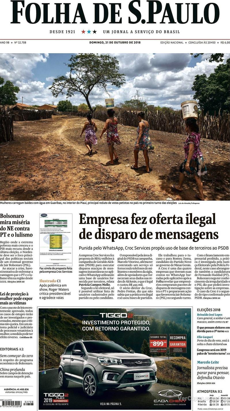 Capa Folha de S.Paulo 2018-10-21