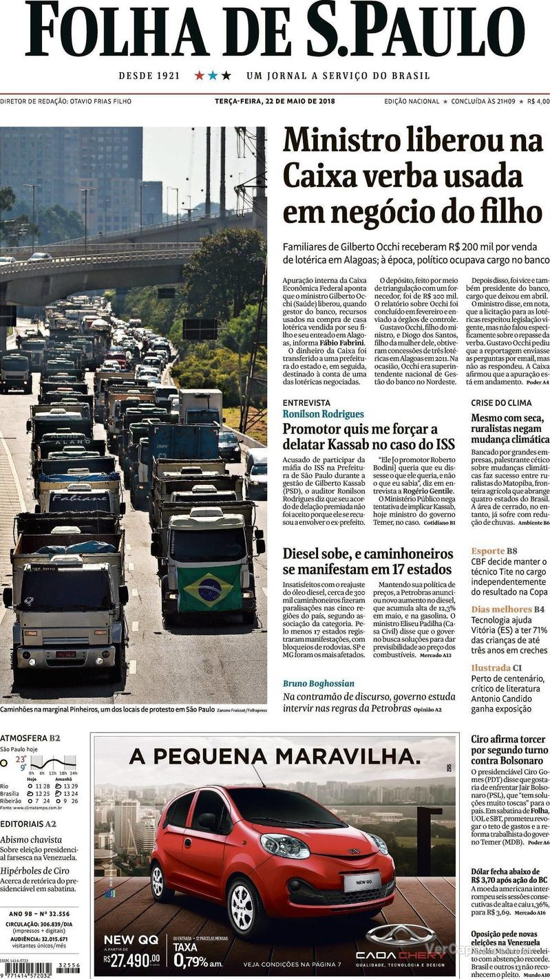 Capa Folha de S.Paulo 2018-05-22