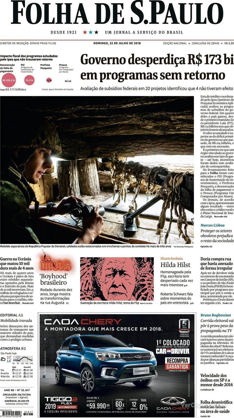 Capa Folha de S.Paulo 2018-07-22