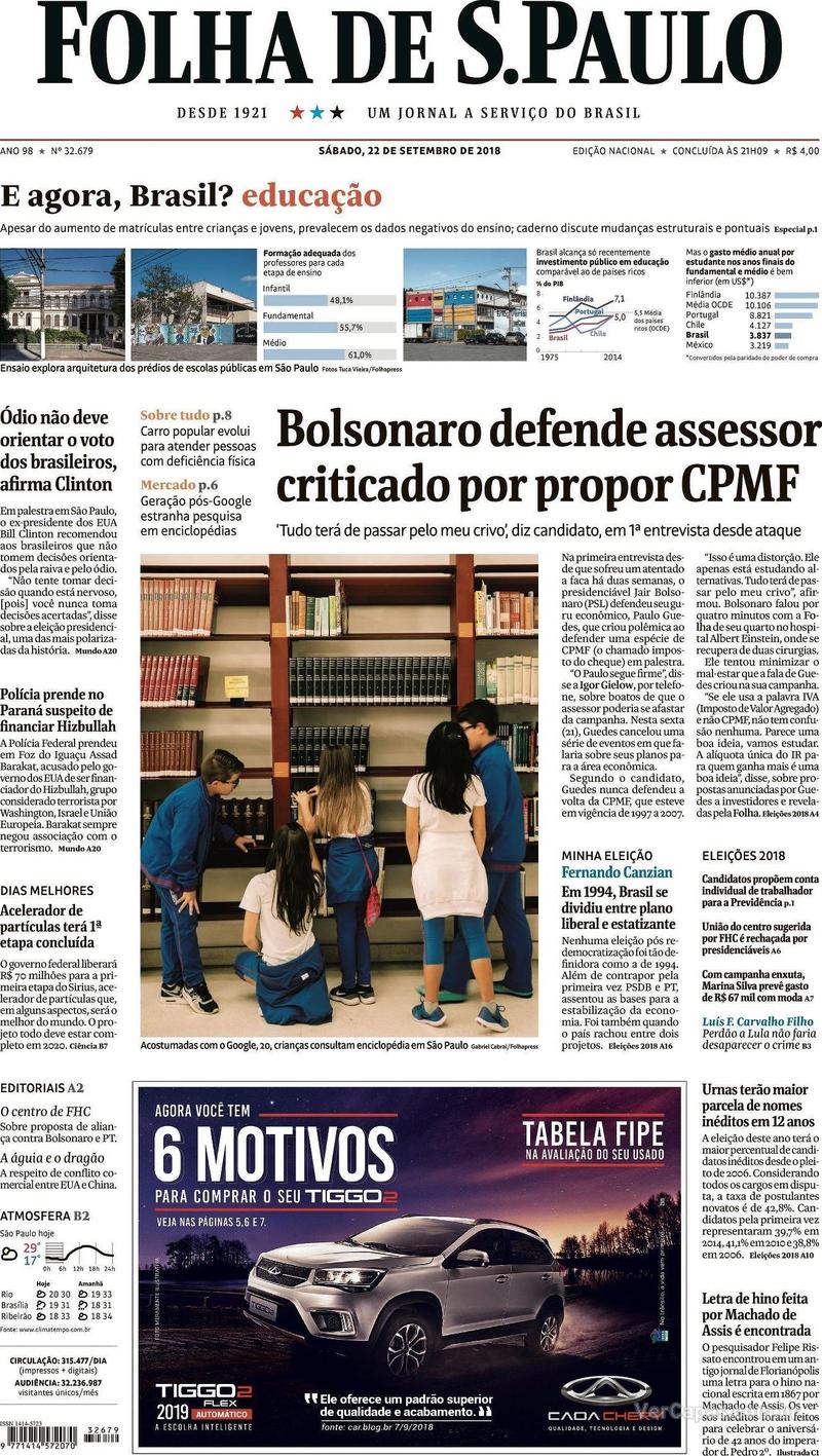Capa Folha de S.Paulo 2018-09-22
