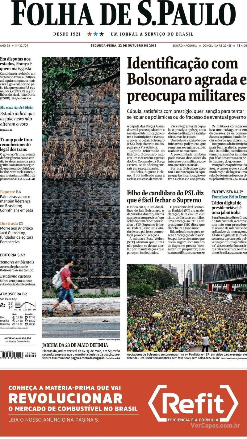 Capa Folha de S.Paulo 2018-10-22