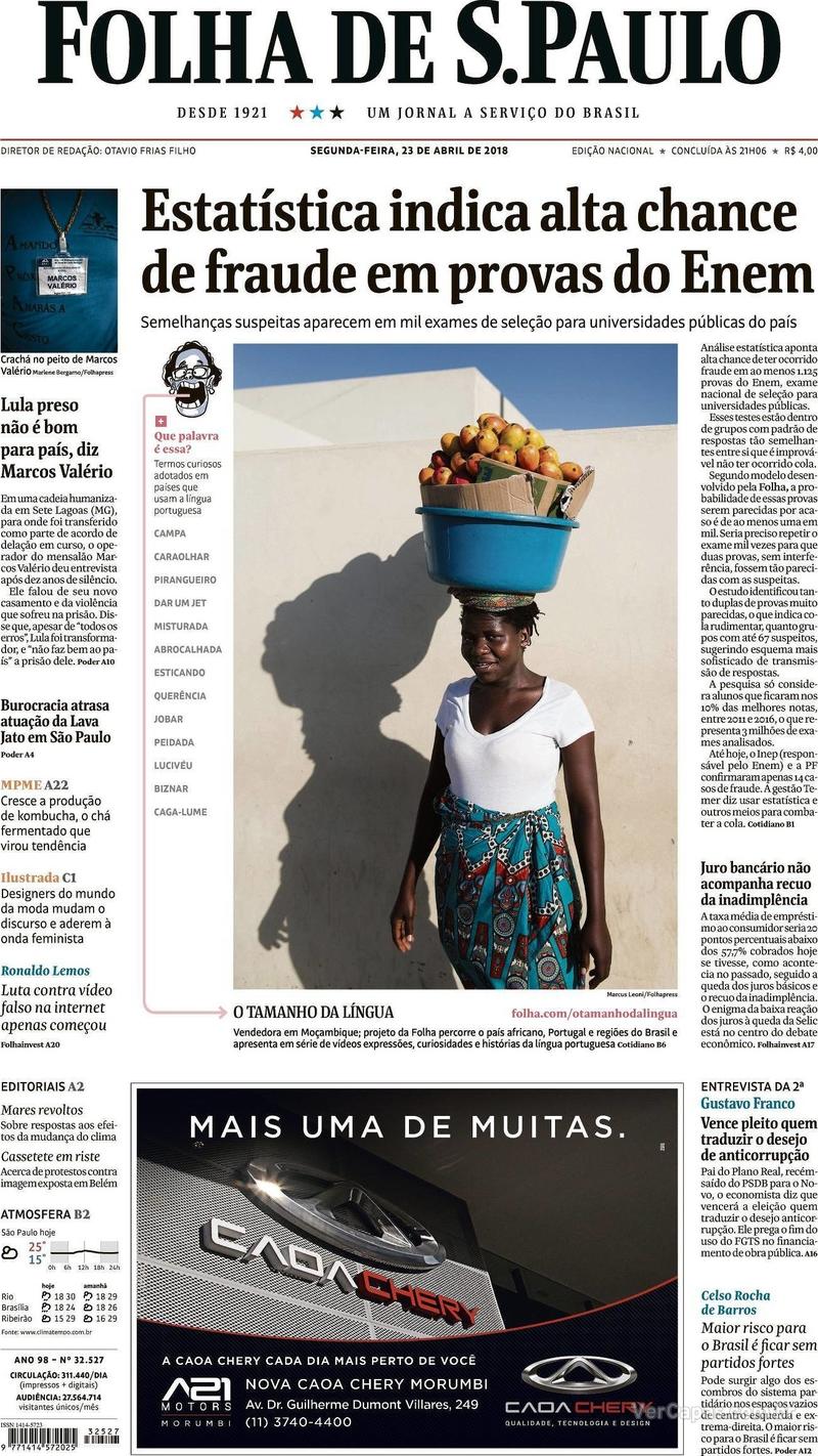 Capa Folha de S.Paulo 2018-04-23