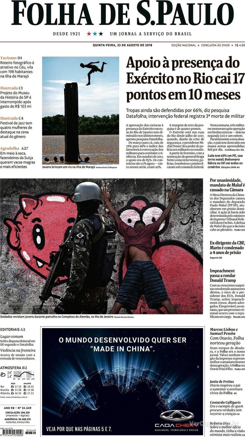 Capa Folha de S.Paulo 2018-08-23