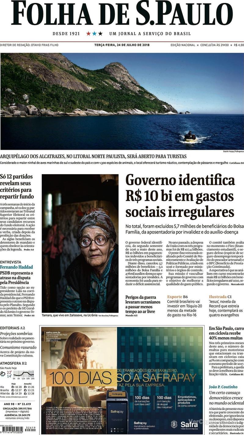 Capa Folha de S.Paulo 2018-07-24