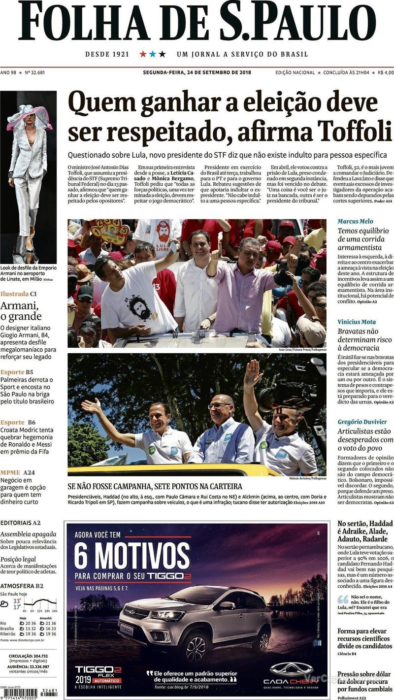 Capa Folha de S.Paulo 2018-09-24