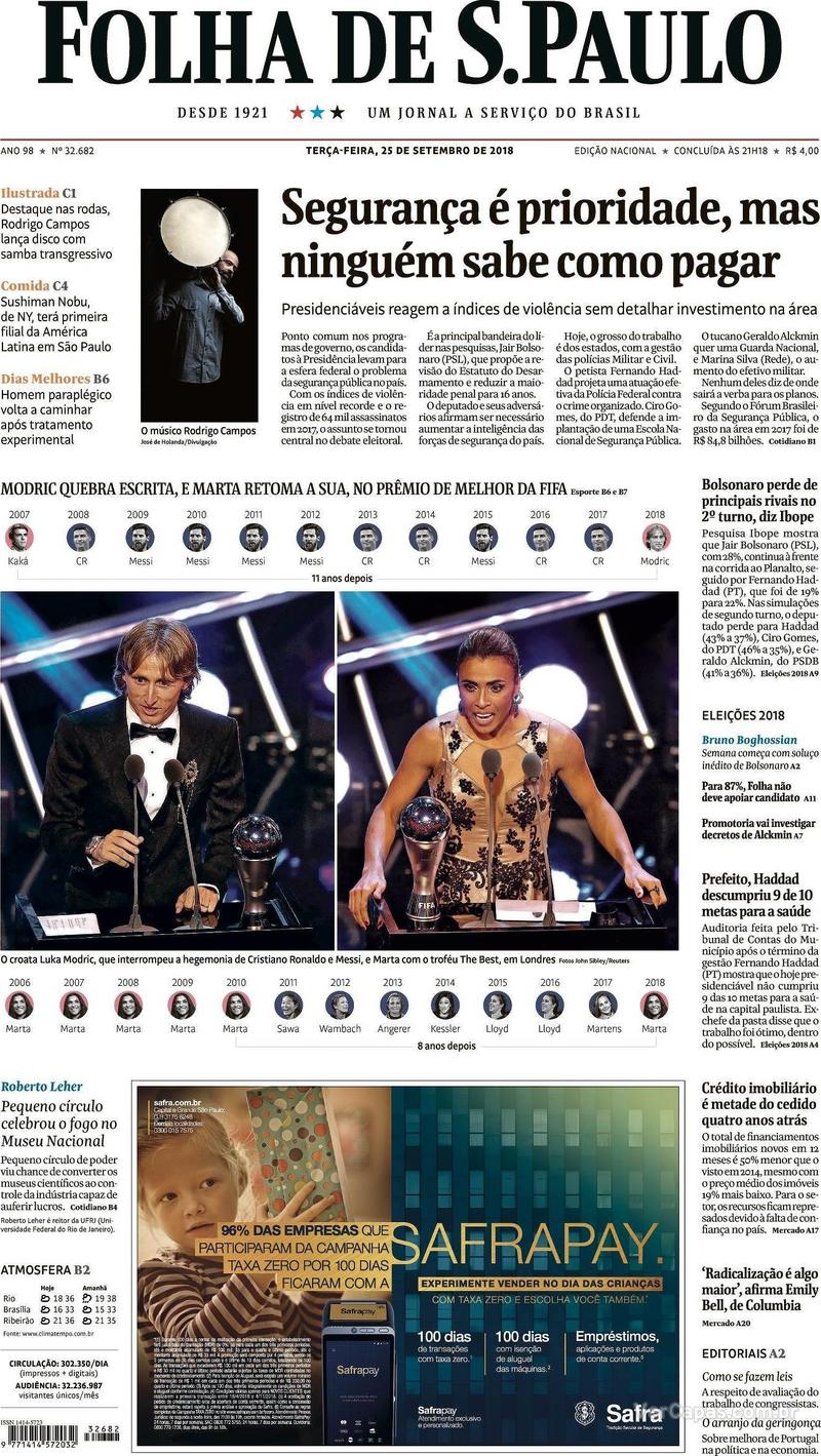Capa Folha de S.Paulo 2018-09-25