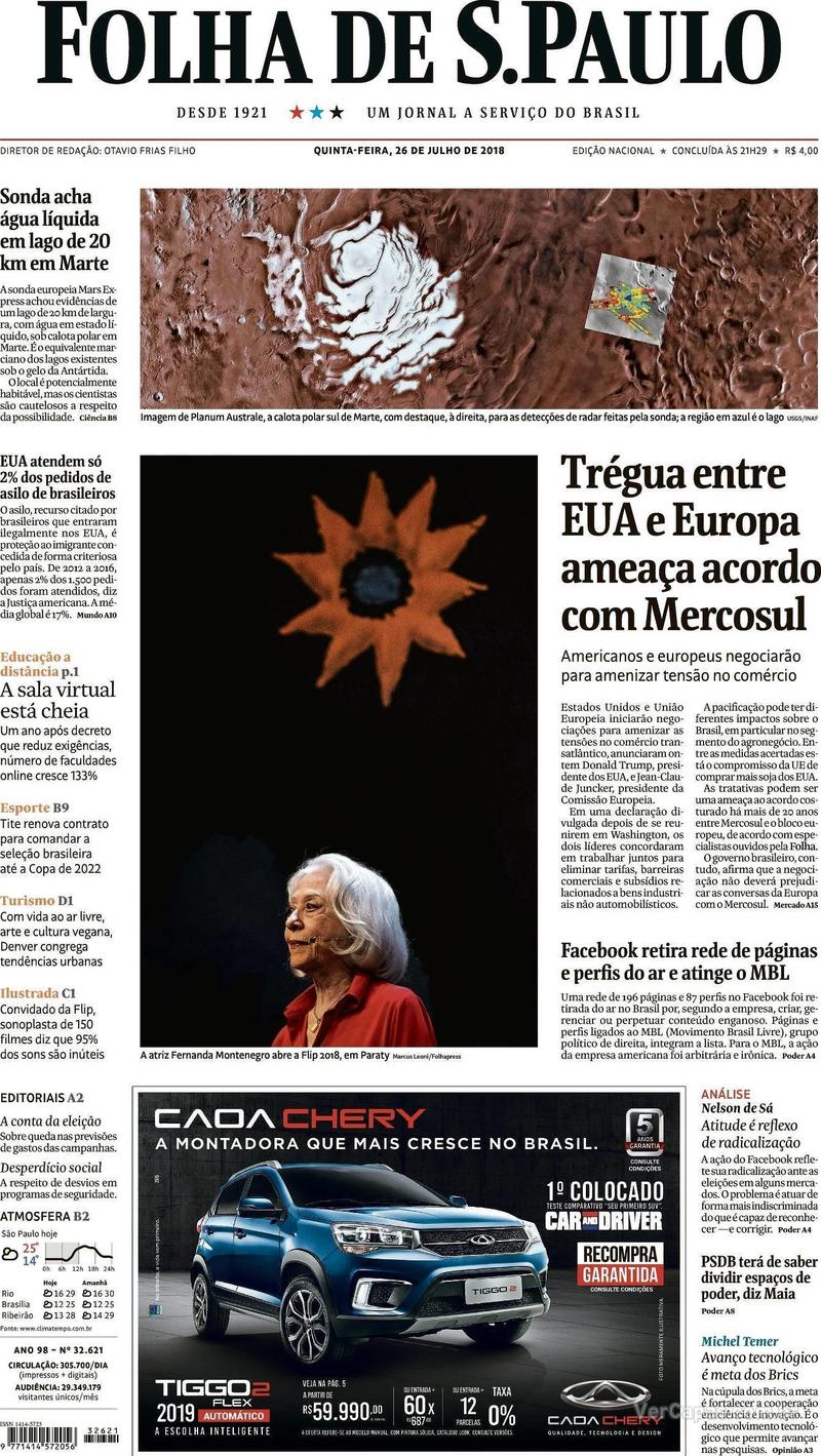 Capa Folha de S.Paulo 2018-07-26