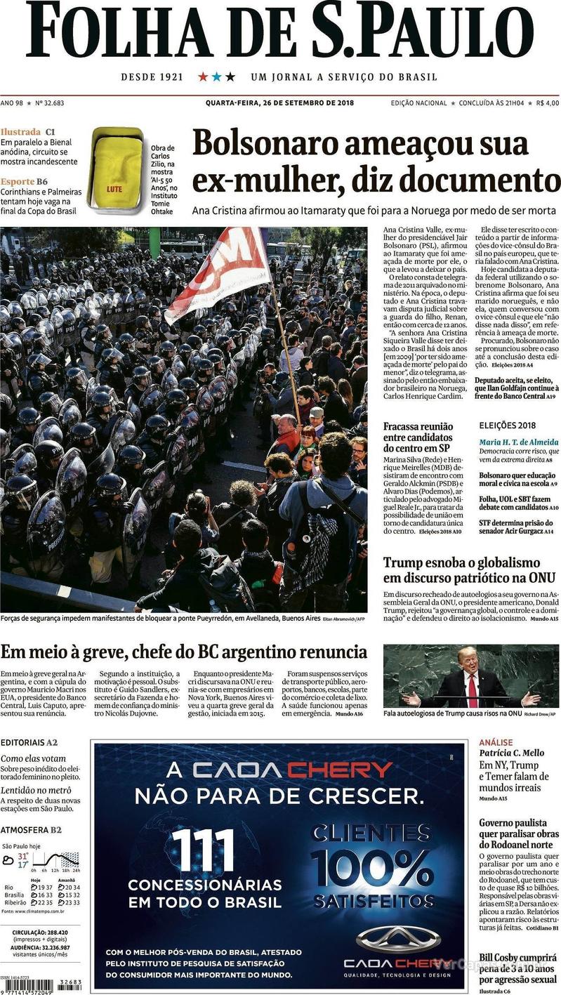 Capa Folha de S.Paulo 2018-09-26