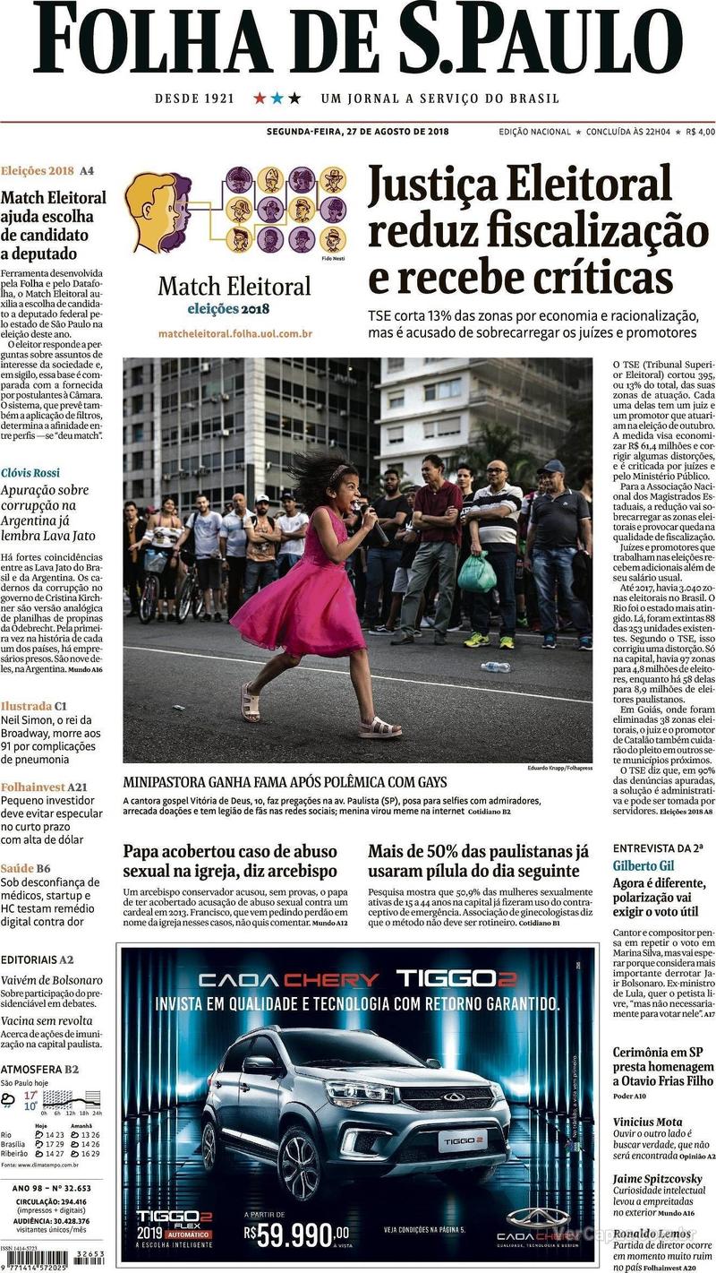Capa Folha de S.Paulo 2018-08-27