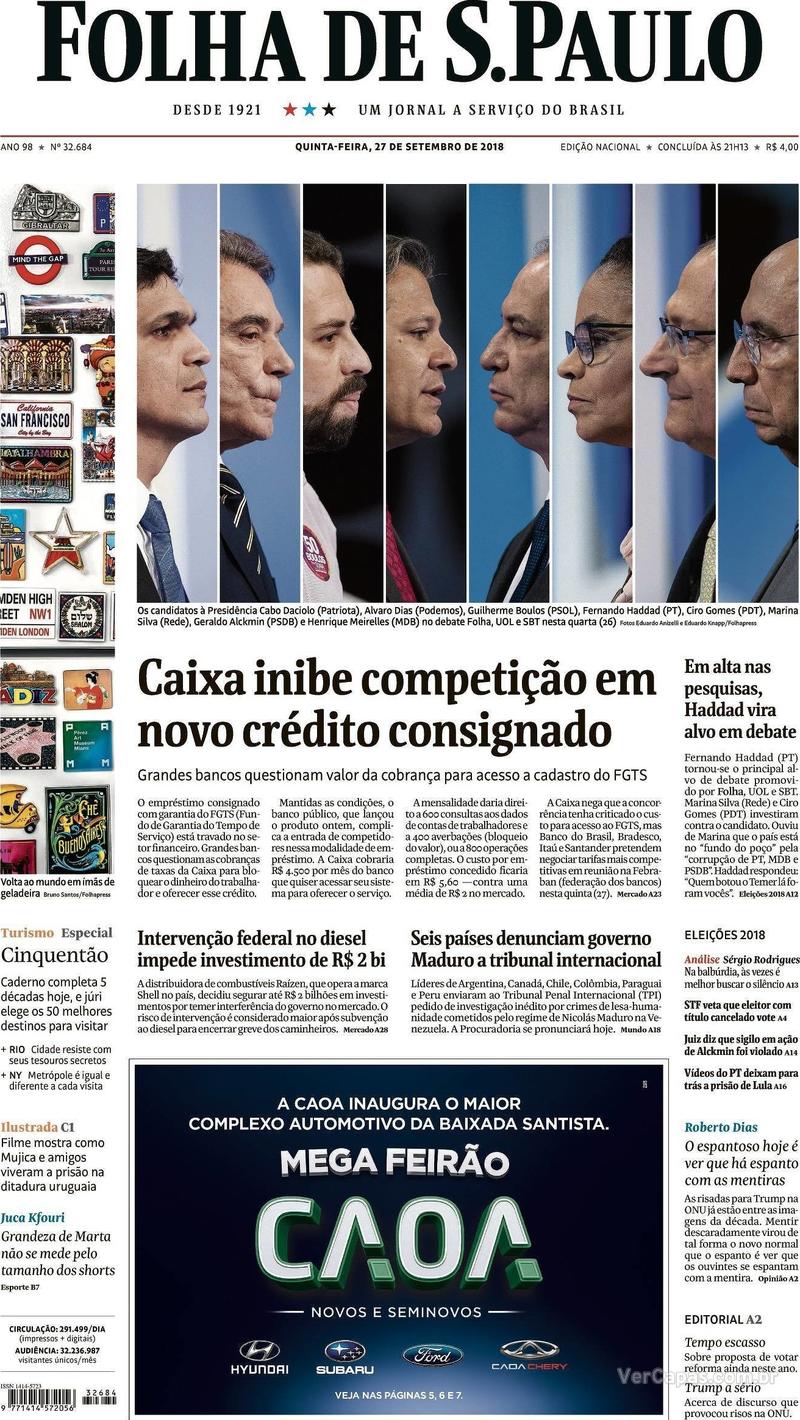 Capa Folha de S.Paulo 2018-09-27