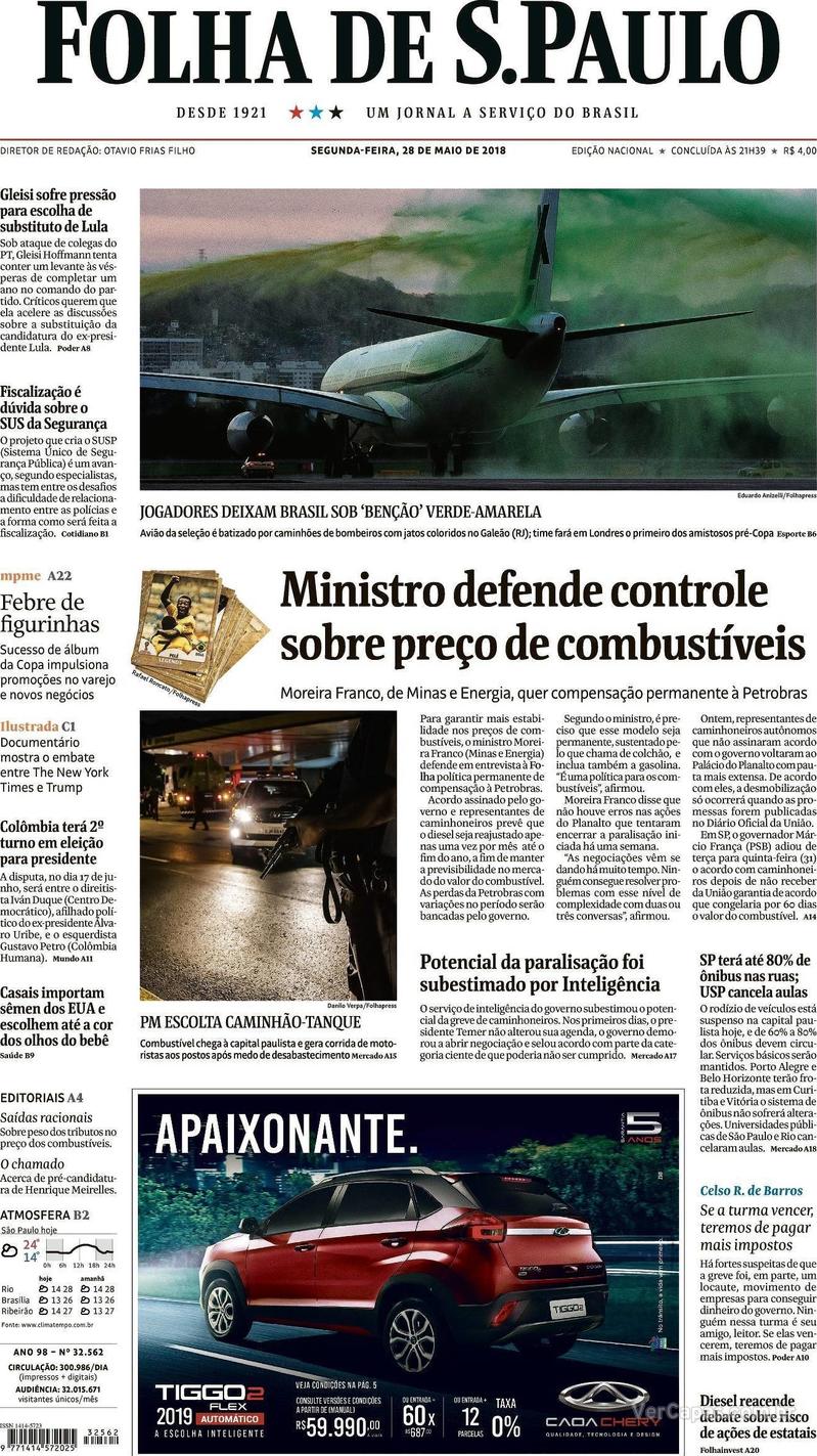 Capa Folha de S.Paulo 2018-05-28