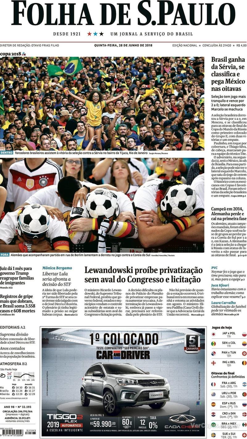 Capa do jornal Folha de S.Paulo 28/06/2018