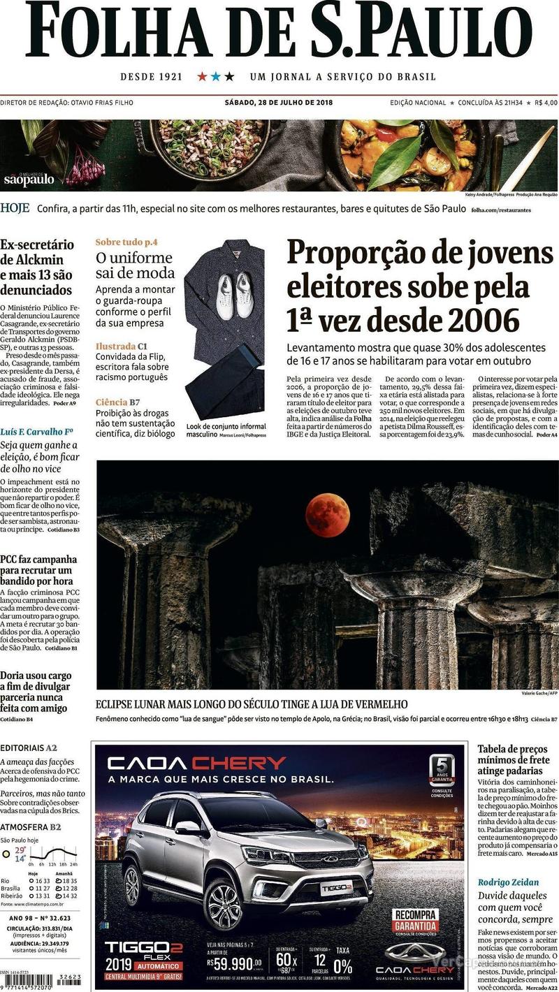 Capa Folha de S.Paulo 2018-07-28