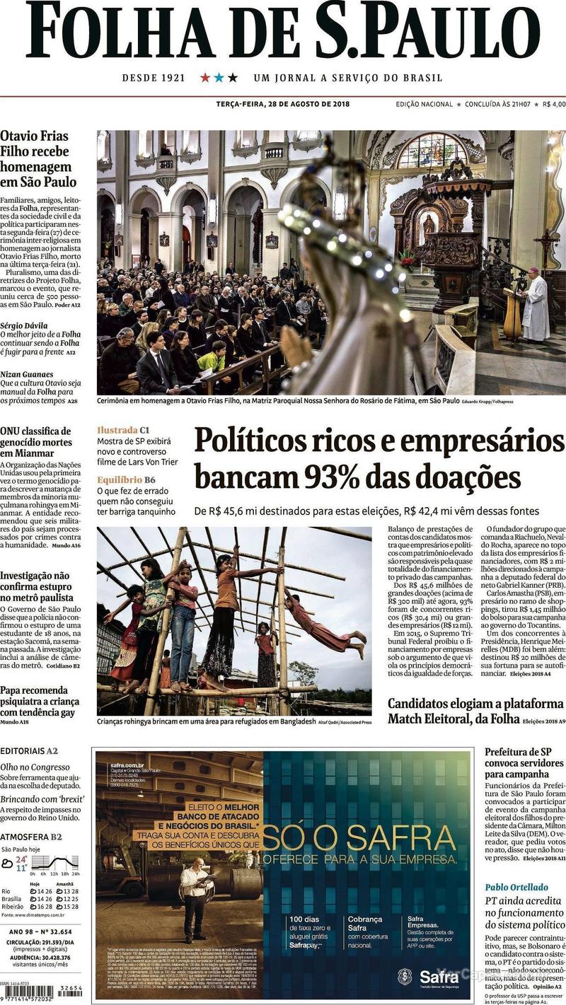 Capa Folha de S.Paulo 2018-08-28