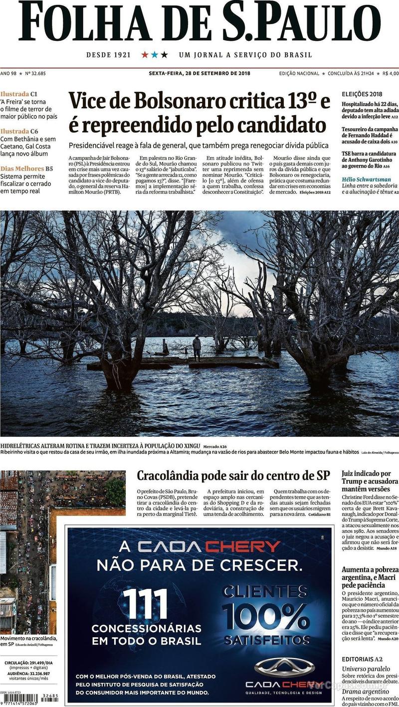 Capa Folha de S.Paulo 2018-09-28