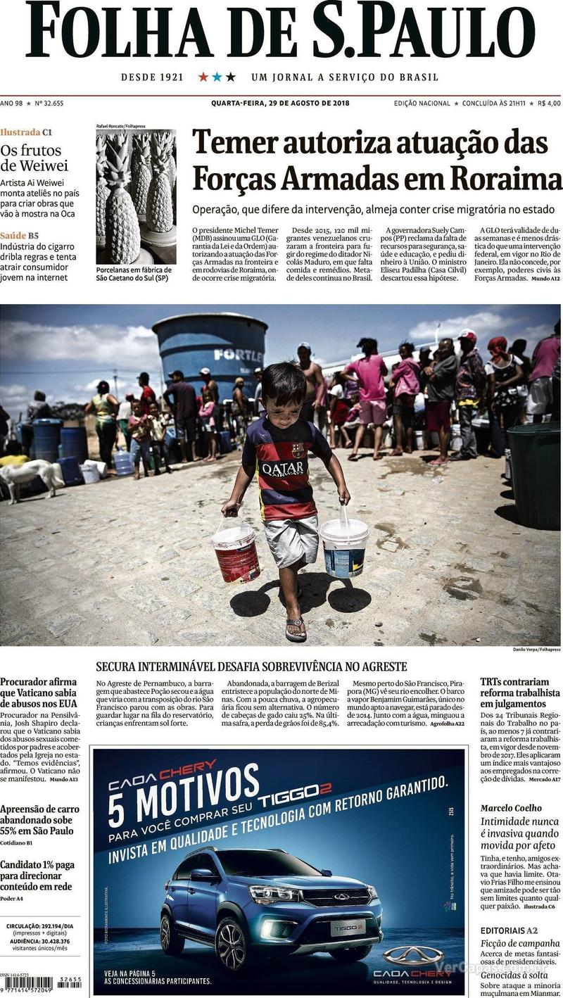 Capa Folha de S.Paulo 2018-08-29