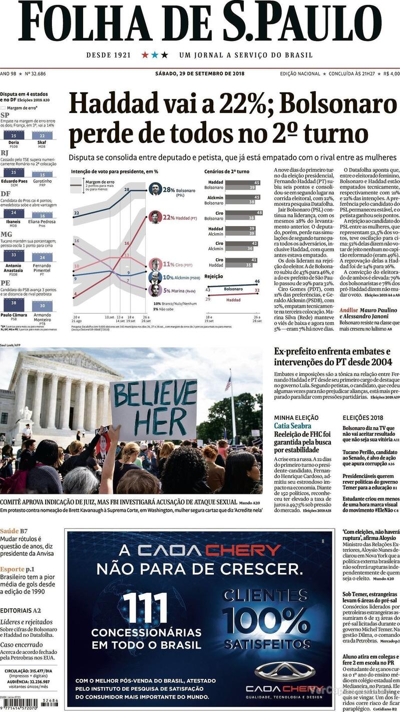 Capa Folha de S.Paulo 2018-09-29