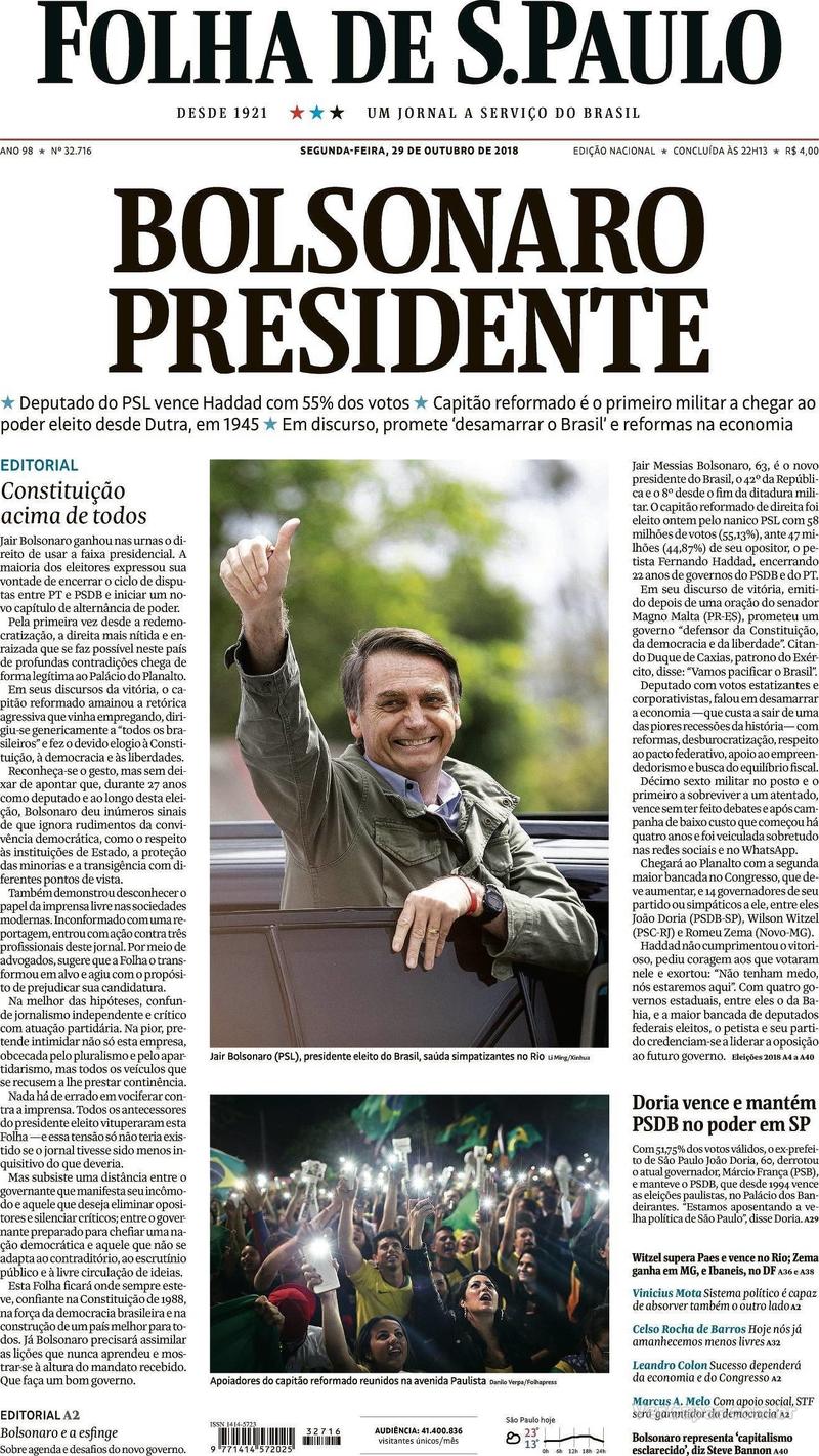 Capa Folha de S.Paulo 2018-10-29