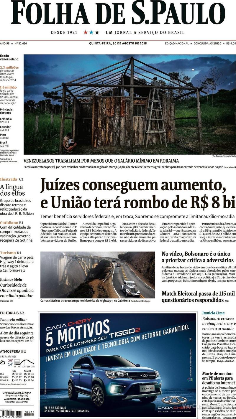 Capa Folha de S.Paulo 2018-08-30