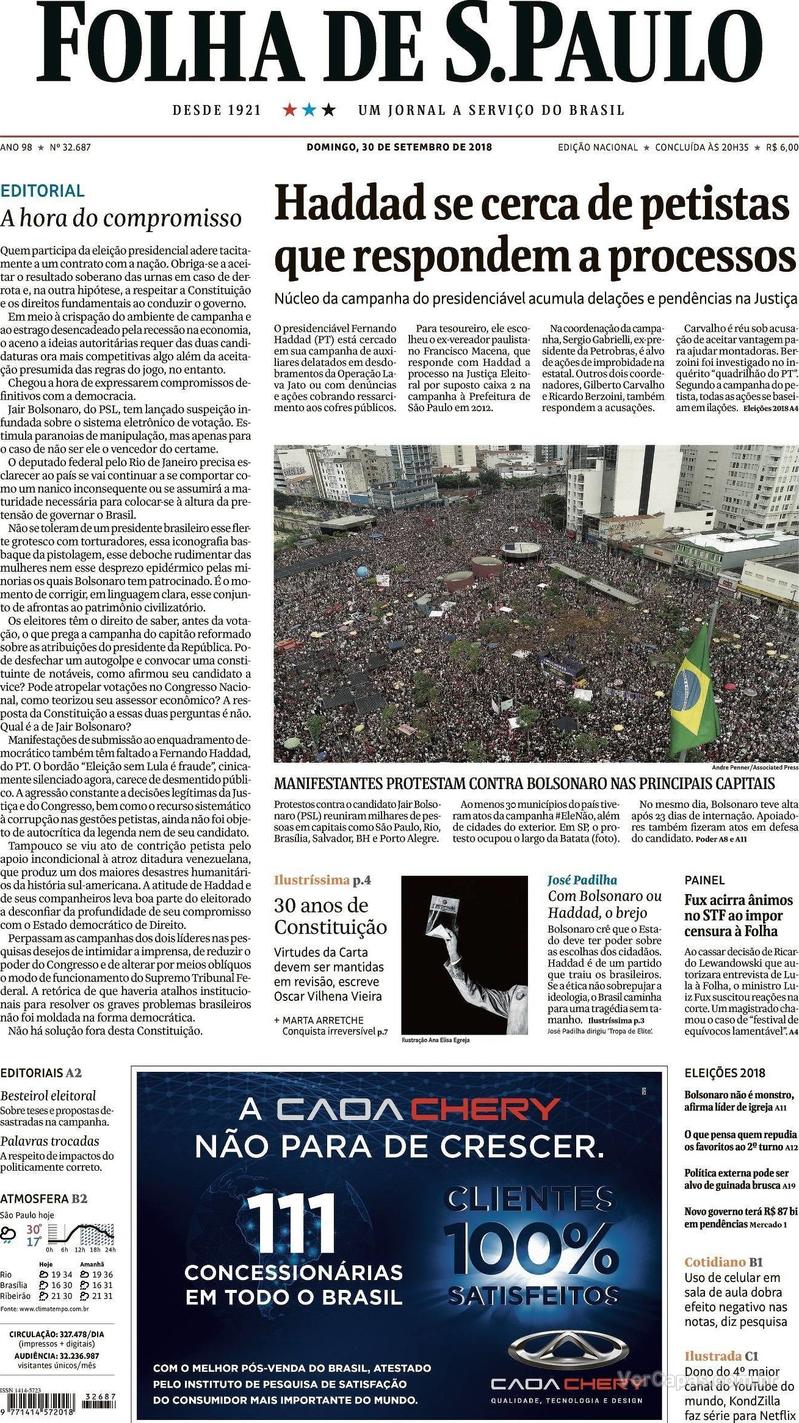 Capa Folha de S.Paulo 2018-09-30