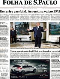 Capa do jornal Folha de S.Paulo 09/05/2018