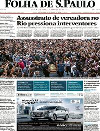 Capa do jornal Folha de S.Paulo 16/03/2018